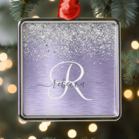 Lila Brushed Metall Silver Glitter Monogram Namn