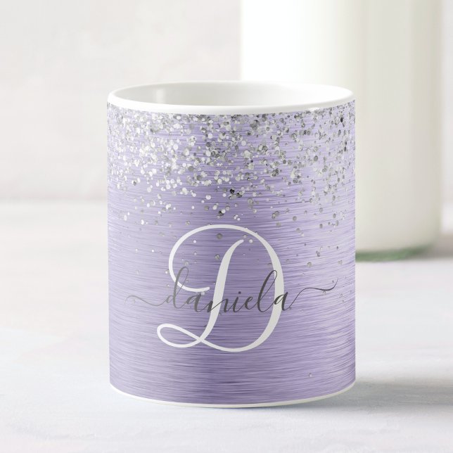Lila Brushed Metall Silver Glitter Monogram Namn Kaffemugg (Skapare uppladdad)