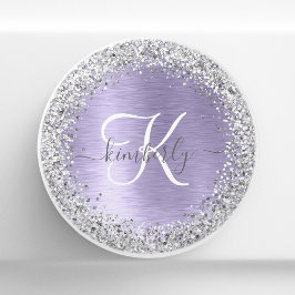 Lila Brushed Metall Silver Glitter Monogram Namn Knopp