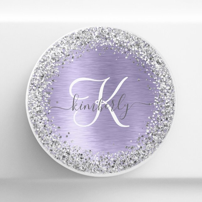 Lila Brushed Metall Silver Glitter Monogram Namn Knopp (Skapare uppladdad)