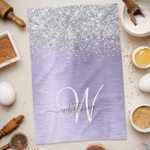 Lila Brushed Metall Silver Glitter Monogram Namn Kökshandduk