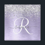 Lila Brushed Metall Silver Glitter Monogram Namn Magnet<br><div class="desc">Anpassa enkelt den här chicen av trendig med magnet-design med söt silver mousserande glitter på lila borstad metallbakgrund.</div>