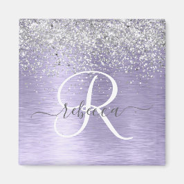 Lila Brushed Metall Silver Glitter Monogram Namn Magnet
