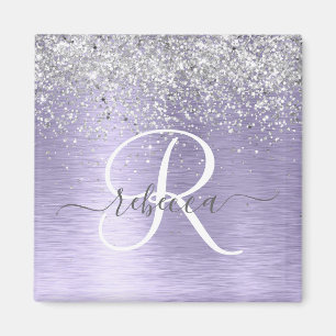 Lila Brushed Metall Silver Glitter Monogram Namn Magnet