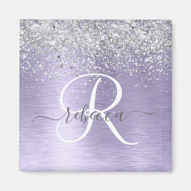 Lila Brushed Metall Silver Glitter Monogram Namn Magnet (Framsidan)