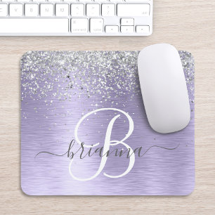 Lila Brushed Metall Silver Glitter Monogram Namn Musmatta