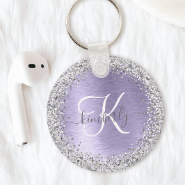 Lila Brushed Metall Silver Glitter Monogram Namn Nyckelring