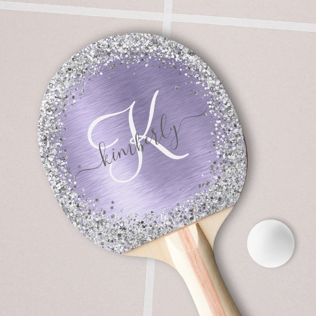 Lila Brushed Metall Silver Glitter Monogram Namn Pingisracket (Skapare uppladdad)