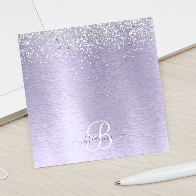 Lila Brushed Metall Silver Glitter Monogram Namn Post-it Block (Skapare uppladdad)