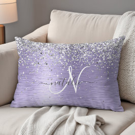 Lila Brushed Metall Silver Glitter Monogram Namn Prydnadskudde