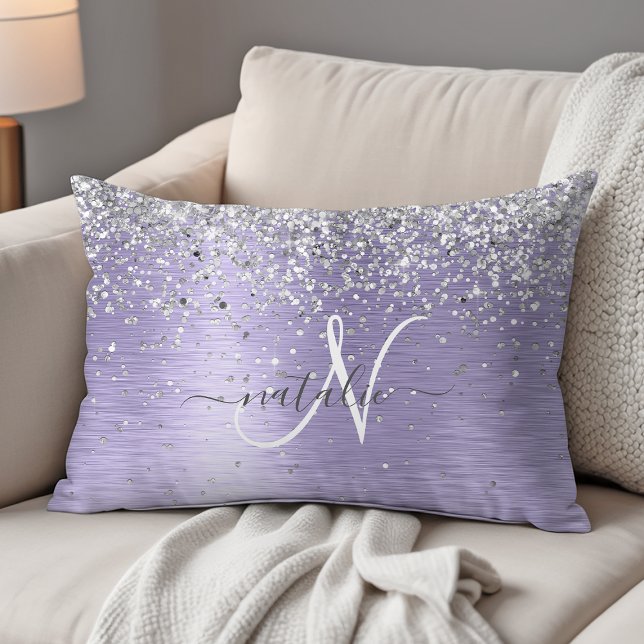 Lila Brushed Metall Silver Glitter Monogram Namn Prydnadskudde (Skapare uppladdad)