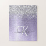 Lila Brushed Metall Silver Glitter Monogram Namn Pussel<br><div class="desc">Anpassa enkelt den här chicen av trendig-pussel med söt silver mousserande glitter på en lila borstad metallbakgrund.</div>