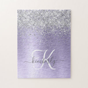Lila Brushed Metall Silver Glitter Monogram Namn Pussel