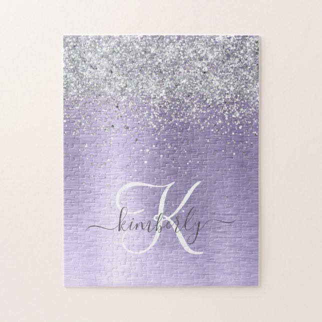Lila Brushed Metall Silver Glitter Monogram Namn Pussel (Vertikal)