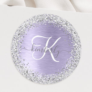 Lila Brushed Metall Silver Glitter Monogram Namn Runt Klistermärke