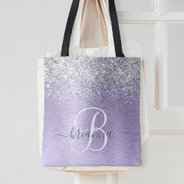 Lila Brushed Metall Silver Glitter Monogram Namn Tygkasse