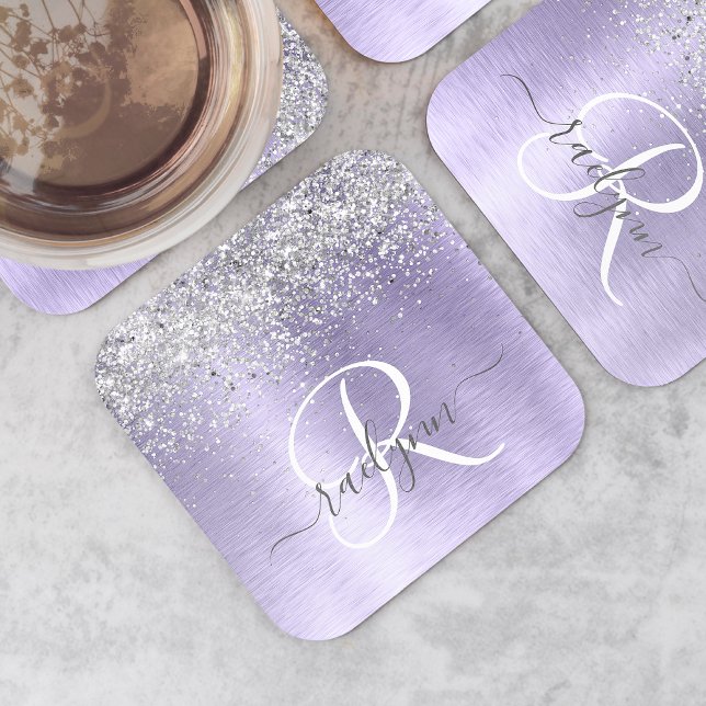 Lila Brushed Metall Silver Glitter Monogram Namn Underlägg Papper Kvadrat (Skapare uppladdad)