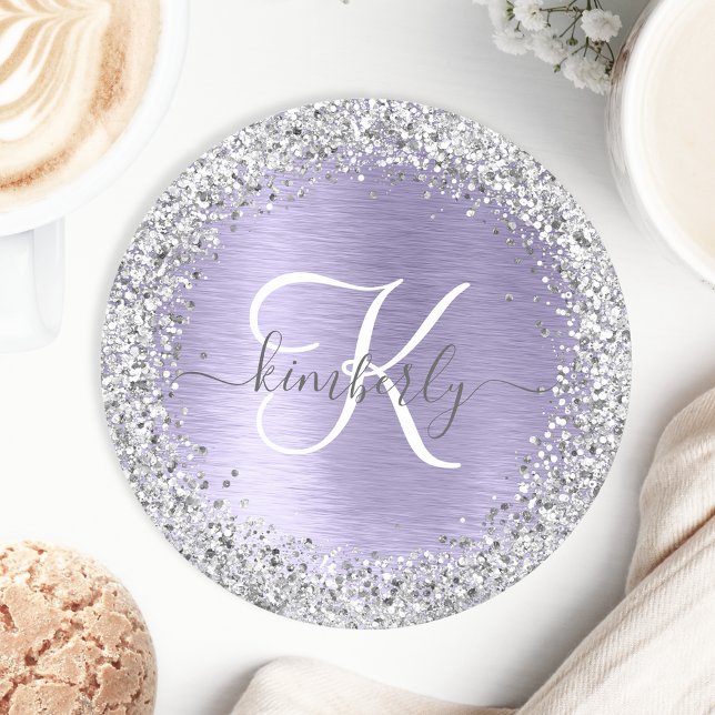 Lila Brushed Metall Silver Glitter Monogram Namn Underlägg Papper Rund (Skapare uppladdad)