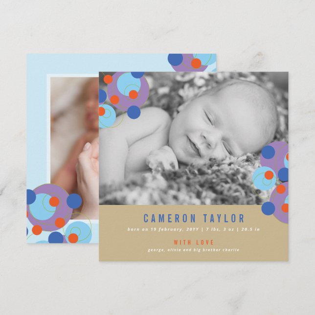 Lila Bubly Circles Pojke Birth Notice Meddelande (Fram/baksida)