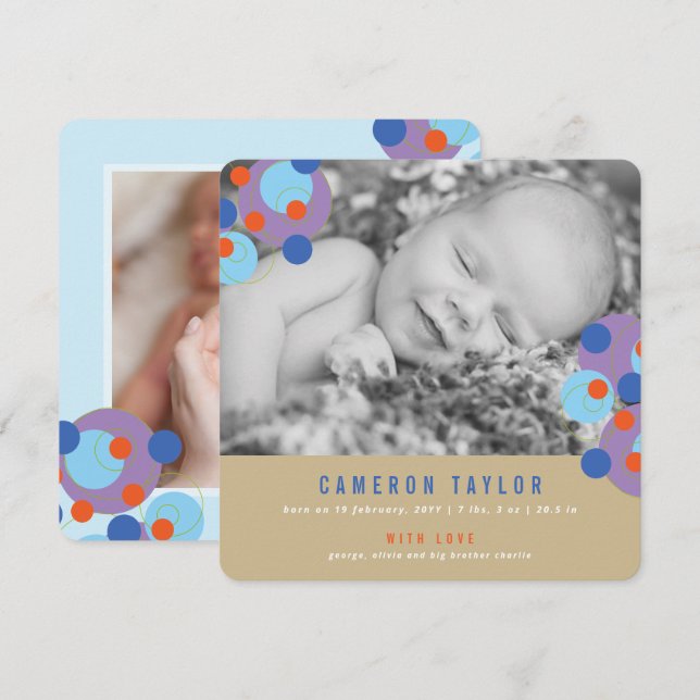 Lila Bubly Circles Pojke Birth Notice Meddelande (Fram/baksida)
