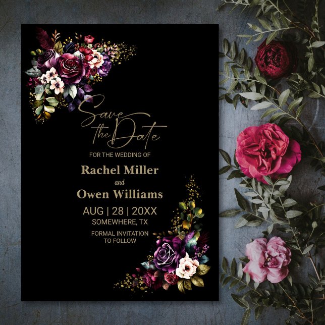 Lila Burgundy Black Blommigt Bröllop spara datum Spara Datumet (Skapare uppladdad)