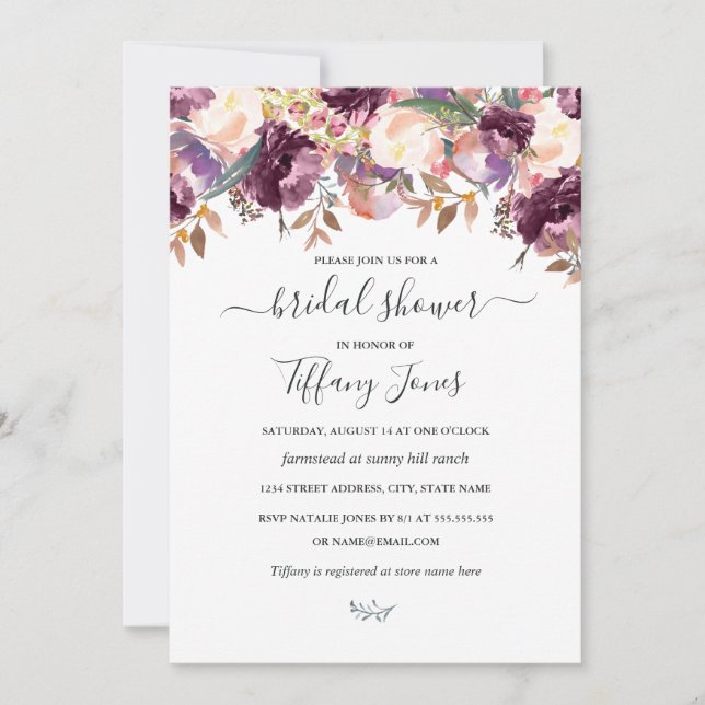 Lila Burgundy Blommigt Bloom Möhippa Inbjudningar (Framsida)