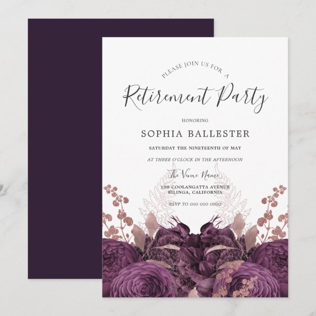 Lila Burgundy Blommigt Elegant Pension Party Inbjudningar (Fram/baksida)