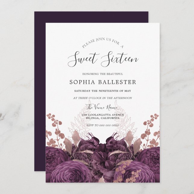 Lila Burgundy Blommigt Elegant Sweet 16 Party Inbjudningar (Fram/baksida)