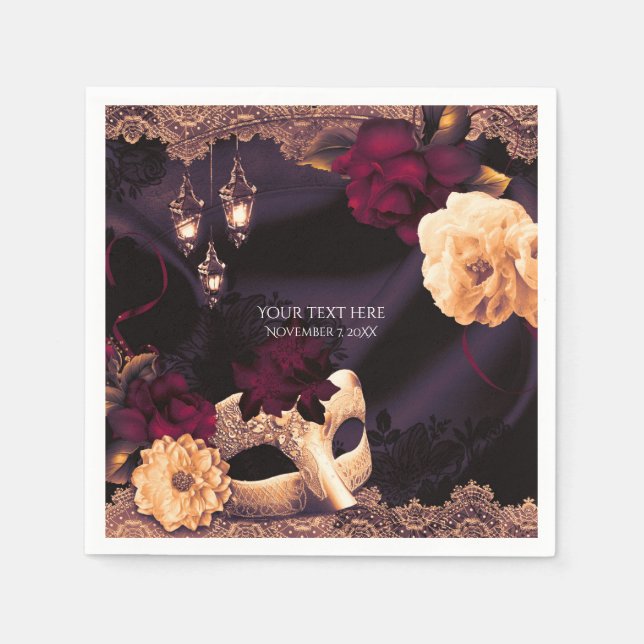 Lila & Burgundy Blommigt & Snöre MasqueraParty Pappersservett (Framsidan)