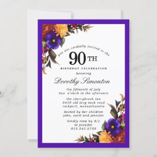 Lila Burgundy Gult Blommigt 90:e Födelsedagsfest Inbjudningar