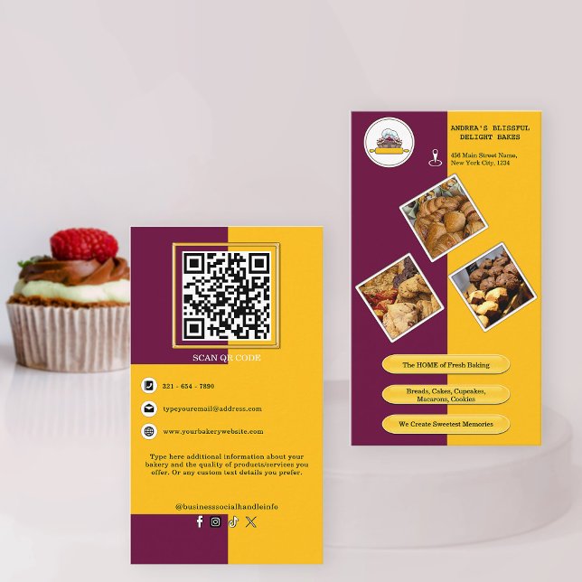 Lila Burgundy och Gult Bakery QR Code Branding Visitkort (Skapare uppladdad)
