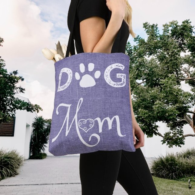 Lila Burlap Hund Mamma Tote Bag Tygkasse (Purple Burlap Dog Mom Tote Bag)
