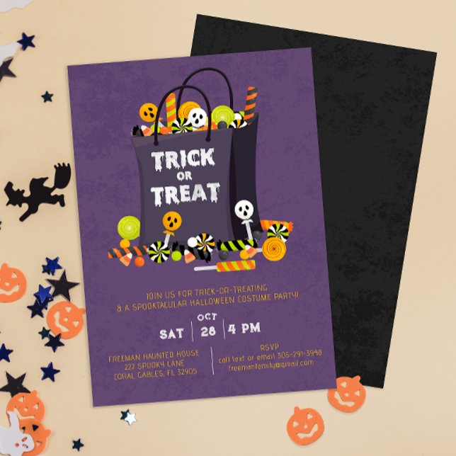 Lila Bus eller godis Kids Costume Party Inbjudan (Trick or Treat Halloween Costume Party Invitation)