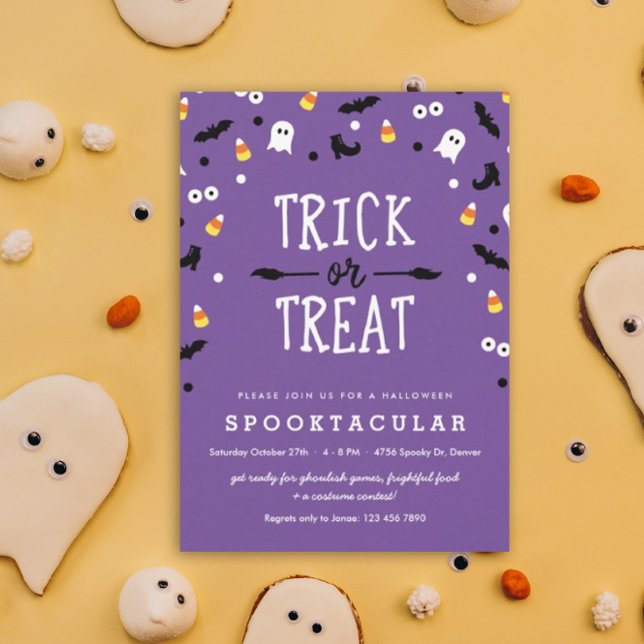 Lila Bus eller godis Kids Halloween fest Inbjudnin Inbjudningar (Trick or Treat Halloween Spooktacular party invitation)