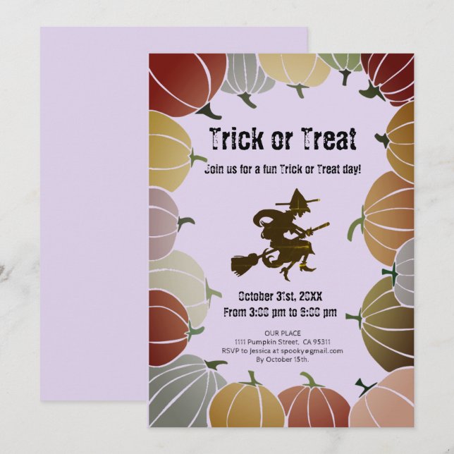 Lila Bus eller godis Spooky Flies Witch Pumpkins Julkort (Fram/baksida)