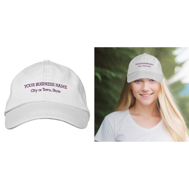 Lila Business Text är inbroderad på kap Broderad Keps (Business name and location embroidered on cap in purple thread)