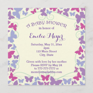 Lila Butterflies Baby Shower-inbjudan Inbjudningar
