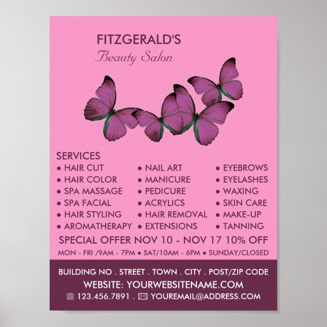 Lila Butterflies, Beautician, Beauty Salon Poster (Framsidan)
