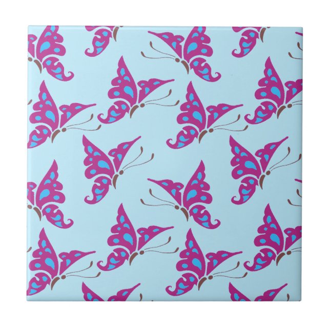 Lila Butterflies på Light Blue, Butterfly Print Kakelplatta (Framsidan)