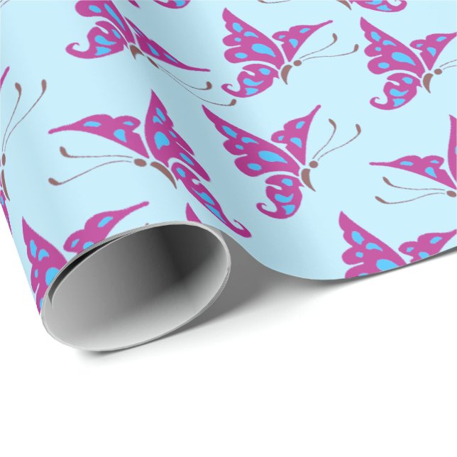 Lila Butterflies på Light Blue, Butterfly Print Presentpapper (Rullad Hörn)
