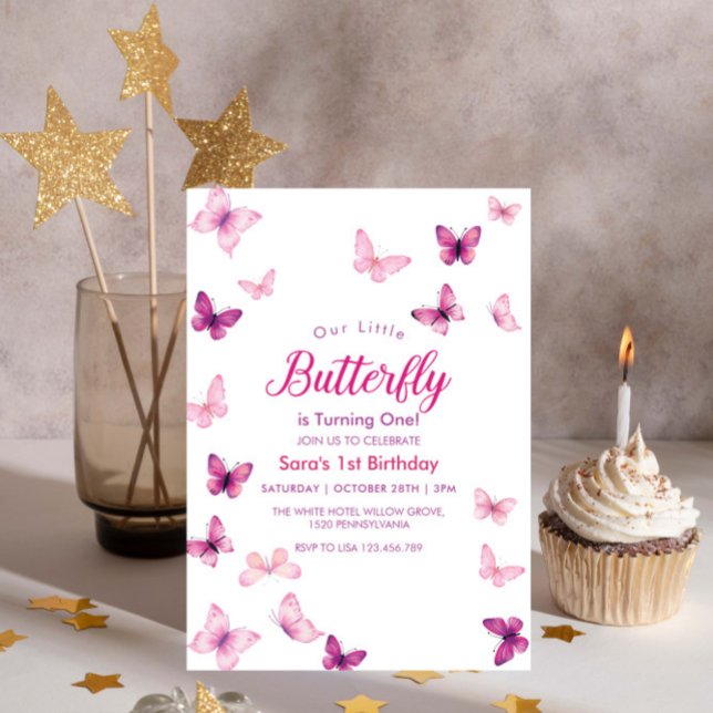 Lila Butterflies Party vid första födelsedag Inbjudningar (Skapare uppladdad)