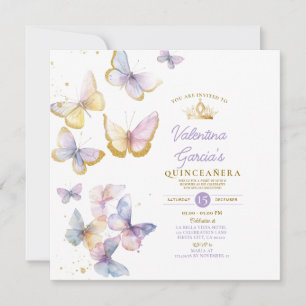 Lila Butterflies Quinceañera 15 Anos Guld Krona Inbjudningar