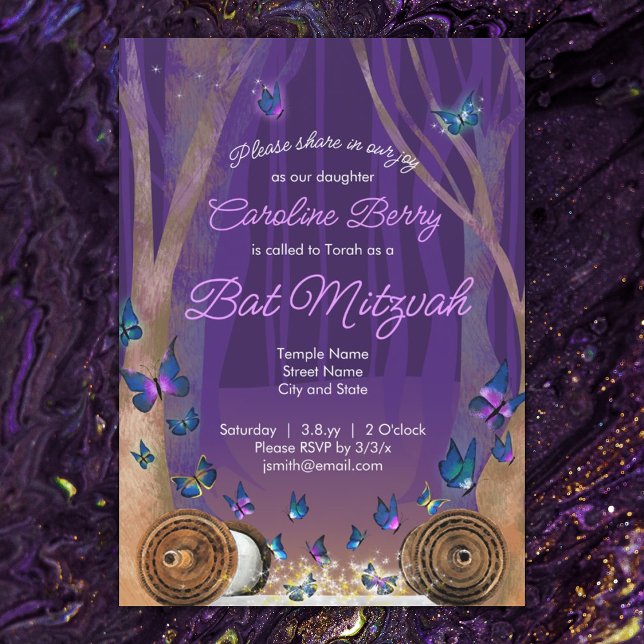 Lila Butterflies, Scrollsar Bat mitzvah Inbjudan (magical forest purple bat mitzvah invitations, torah scrolls, sparkles)