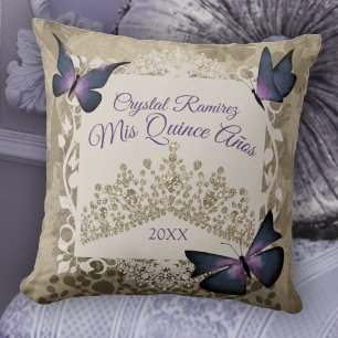 Lila Butterflies, Taupe Tiara Quinceanera Pillow Kudde