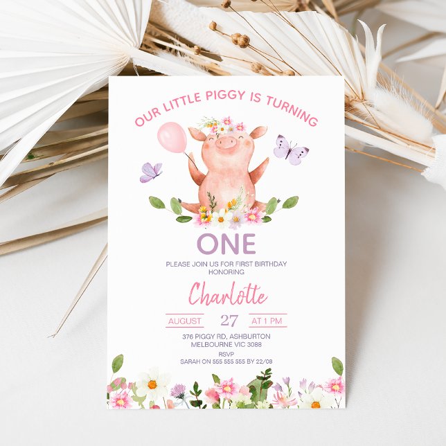 Lila Butterflies Vår lilla svin 1:a födelsedag Inbjudningar (Editable Pig Birthday Invitation, Little Piggy Birthday Invite, Floral Pig Birthday, Wildflowers)
