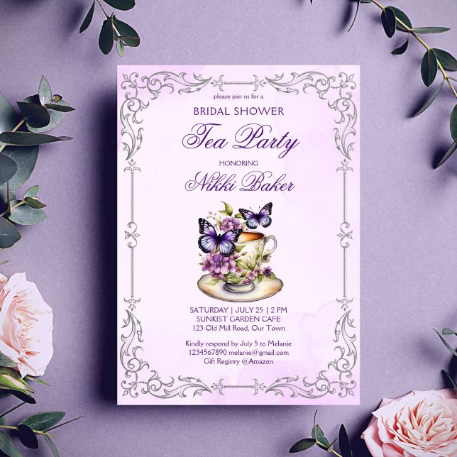 Lila butterflies Victorian möhippa te party Inbjudningar (Purple butterflies vintage silver border Victorian bridal shower tea party Invitation template)