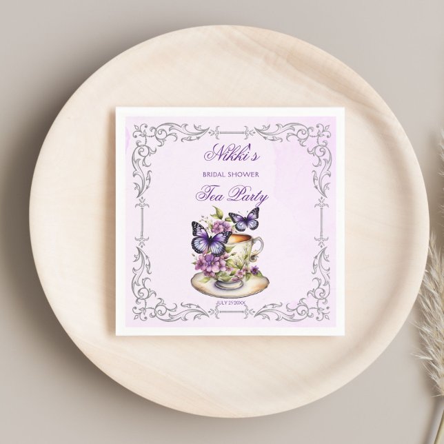 Lila butterflies Victorian möhippa te party Pappersservett (Purple butterflies Victorian bridal shower tea party printed Napkins personalized tableware decor)