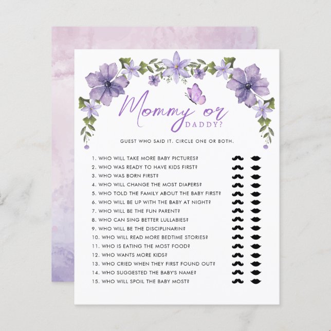 Lila Butterflies Watercolor Mamma eller pappa Game (Fram/baksida)