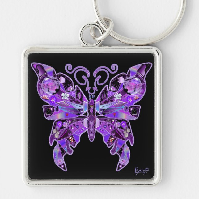 Lila Butterfly 31 Keychain Fyrkantig Silverfärgad Nyckelring (Framsidan)
