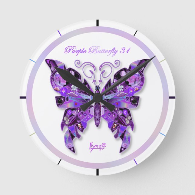 Lila Butterfly 31 Round Clock Rund Klocka (Framsida)